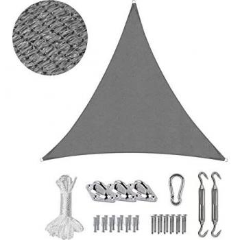 Sekey Toldo Vela de Sombra 3.6x3.6x3.6m Triangular con Cuerda y Kit de Montaje, HDPE Prueba de Viento, Transpirable, Protección Rayos UV, para Terraza Patio Exteriores Jardín, Gris Claro