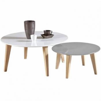 Conjunto de 2 mesas de centro Round color blanco mate y gris, estilo moderno, con patas de madera de haya para salón y comedor