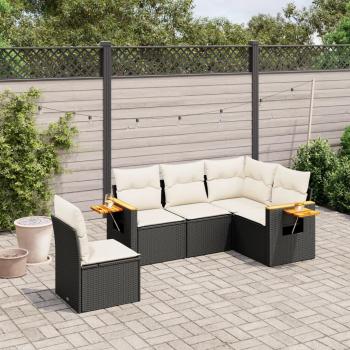 5-Piece Black Poly Rattan Garden Sofa Set with Cushions