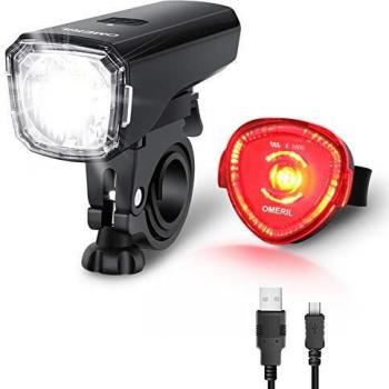 Luces Bicicleta Delantera y Trasera, OMERIL Luz Bicicleta Recargable LED Impermeable IPX6 con Luz Trasera Protección Antideslumbrante para Ciclismo Carretera y Montaña para la Noche