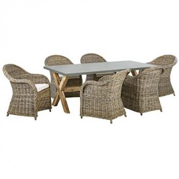 Conjunto de comedor de jardín con mesa de hormigón natural y 6 sillas de ratán con cojines de algodón