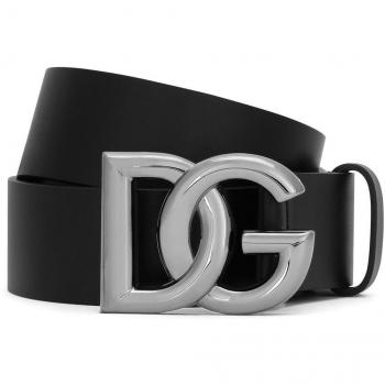 Dolce & Gabbana Men's Black Leather Belt with Rutenium DG Plaque, Size 105 CM
