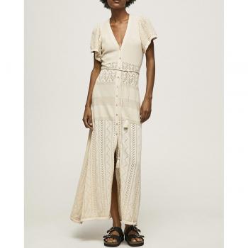 Pepe Jeans Vestido largo Buttermilk con detalles calados y cinturón de cordón