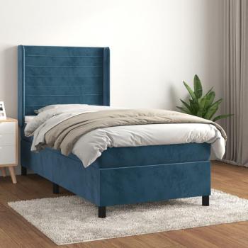 Cama box spring suave con colchón de terciopelo azul oscuro 100x200 cm
