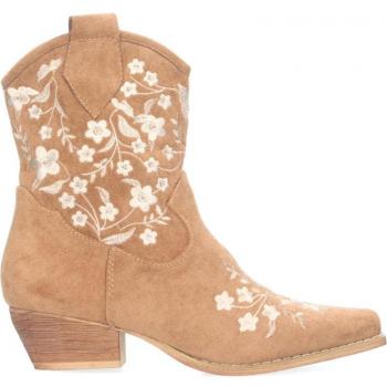 Botines tacón bajo cómodo bordado flores mujer camel A-3007