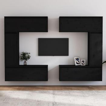 Mueble para TV 6 piezas de madera maciza de pino, color negro, Mueble de salón, Mueble televisor, Mesa de TV