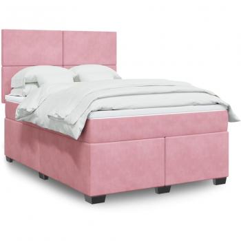 Cama box spring con colchón de muelles en terciopelo rosa 140x190 cm