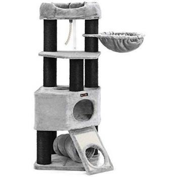 Rascador para gatos con plataforma, tumbona de cesta, cueva grande, postes de sisal gruesos, estable, gris claro