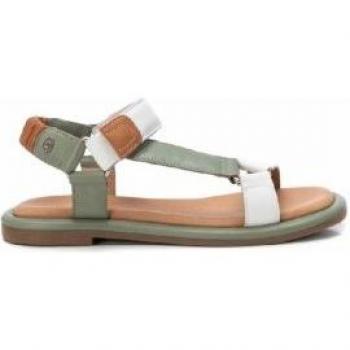 Sandalias planas de piel color kaki para mujer con cierre adherente