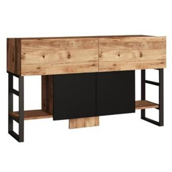 Consola con almacenaje de estilo industrial TARI, diseño elegante y versátil, acabado en madera y metal negro, gran capacidad de almacenamiento, estable y duradero