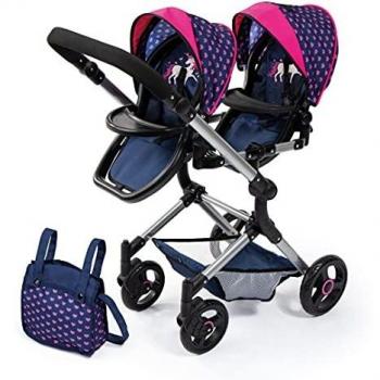 Bayer Design Twin Neo Doll Pram with Unicorn and Hearts, Adjustable Height, Foldable, Blue