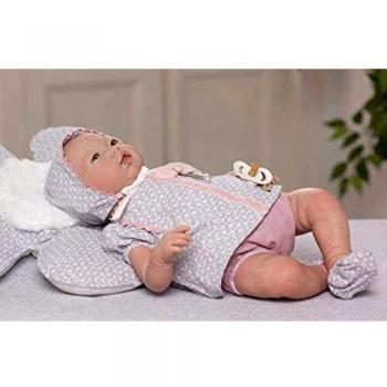 Muñecas Guca- MUÑECA Reborn Olivia con Vestido Y Capota Estampado Floral Gris ACOMPAÑADA DE COJÍN Flor 46CM, Multicolor