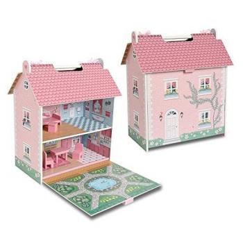 DEQUBE- Casa de muñecas de Madera portatil - Casita de Juguete de 2 Pisos con buhardilla y jardín con Asas para Transportar fácilmente- Incluye 7 Accesorios de Juego - Tamaño 39X34,5X18
