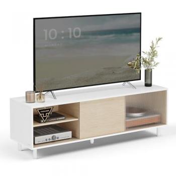 Mueble de TV Moderno para Televisores hasta 60 Pulgadas, Vidrio Ranurado, Montaje Rápido sin Herramientas, 140x39x45 cm, Blanco Nube y Beige Natural