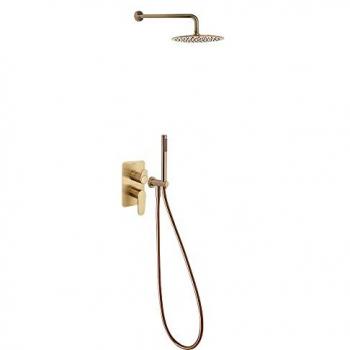 Conjunto Grifo de Ducha Monomando Empotrado 2 Vías Oro Cepillado con Sistema S2 de Ahorro de Agua y Accesorios Redondos