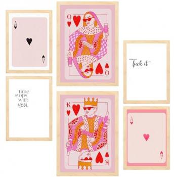 Set de 6 Pósters de Arte Moderno en Tonos Rosas para Decoración de Paredes - Sin Marco y con Marco de Madera Clara (A3 y A4)