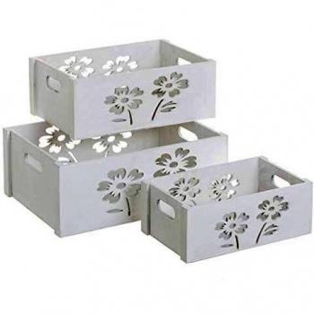 Set de 3 Cajas de Madera de Flores Blanco - LOLAhome