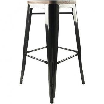 Decoración Vintage Woodiana - Taburete alto, estilo Tolix, con asiento de madera, 44 x 44 x 74 cm, color negro