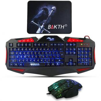 BAKTH 3 Colores LED Retroiluminación USB con Cable Pack de Teclado y Ratón Gaming, PC Teclado para Juegos + Estera Grande del Ratón