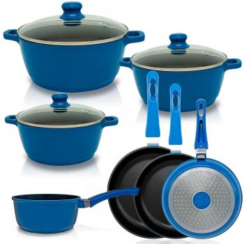 Callaway Indigo Batería de Cocina para Inducción de 7 Piezas en Aluminio Fundido con Recubrimiento Antiadherente, Incluye Cazuelas con Tapas de Cristal, Sart