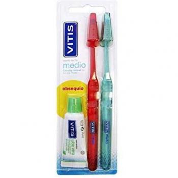 Vitis Dual-Head Medium Adult Toothbrush Pack (2 Units) + Free Anticaries Toothpaste 15ml