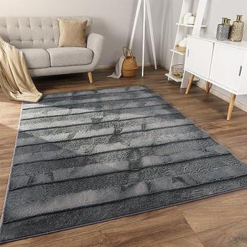Alfombra de salón pelo largo rayas étnica 3D, moderna, tamaño: 80x150 cm, color: antracita