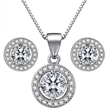 Lydreewam 925 Pendientes de plata de ley, Conjunto Aretes 18Collar pendiente con 3A 6mm Cubic Zirconia Regalo para la fiesta de bodas