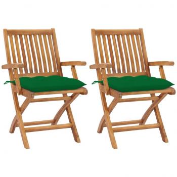 Teak Wood Garden Chairs Set of 2 with Green Cushions