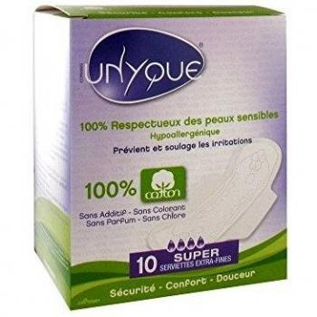 UNYQUE Compresas Algodon Puro 100% - Previene Irritaciones Hipoalergénicas Super Absorbentes Extrafinas y Con Alas - Flujo Intenso – Apta Pieles Sensibles - 10 Unidades