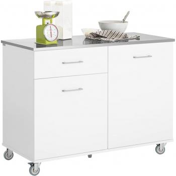 Isla de cocina SoBuy FKW117-W, armario aparador blanco con 1 cajón y 2 puertas, carrito auxiliar multiusos con 4 ruedas, dimensiones 120 x 56 x 90 cm