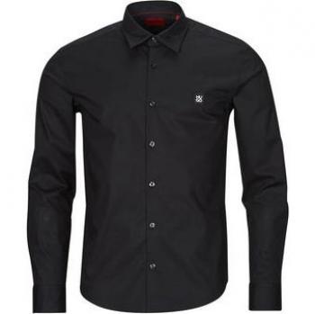 Camisa de Manga Larga Hugo Ermo Slim Fit en Algodón Elástico con Logo Apilado - Negro - Talla XL
