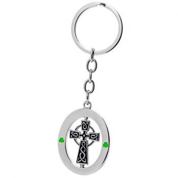 Llavero Metálico Inmaculada Romero 10.5 cm con Motivo Cruz Celta Giratoria y Tréboles Esmaltados Plateado Brillo - Diseño Giratorio - Alta Calidad, Llavero de Acero