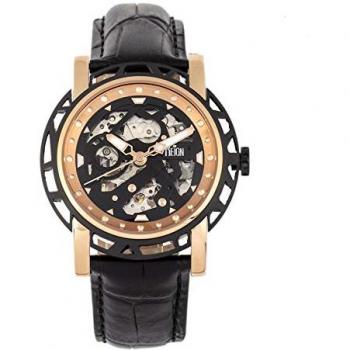 Reign Stavros Automatic Skeleton Dial Watch - Black Crocodile-Embossed Leather Strap, Rose Gold Case and Hands