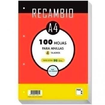 Pacsa Recambio Hojas A4 100H 4 Taladros 90gr 5x5 c/Margen Blanco