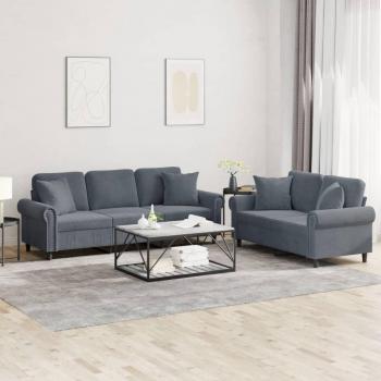 Conjunto de sofá de 2 piezas con almohadas de terciopelo gris oscuro