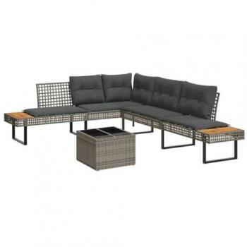 2-Piece Grey Poly Rattan Garden Sofa Set with Cushions and Glass Table