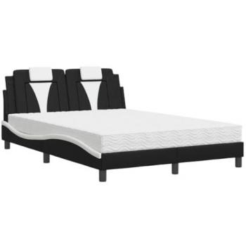 Cama con colchón de cuero sintético negro y blanco 140x190 cm