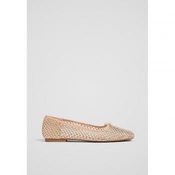 Beige Rhinestone Mesh Ballet Flats