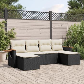 6-Piece Black Poly Rattan Garden Sofa Set with Cushions