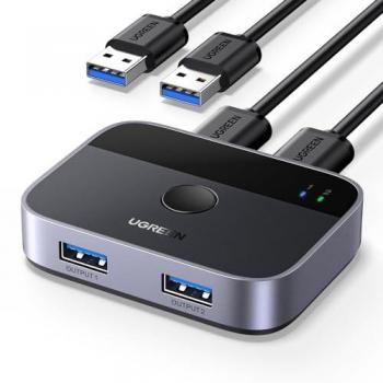 Adaptador USB 3.0 2 en 1 con 2 Entradas y 2 Salidas para Teclado, Ratón, Impresora y Discos Duros - Gris