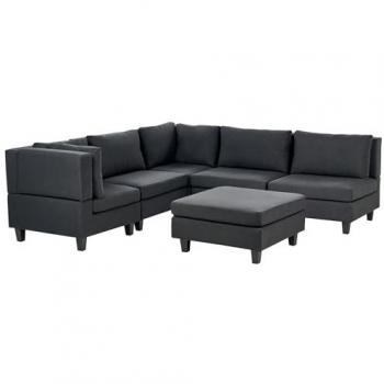 Sofá modular esquinero moderno 5 plazas tapizado en tela negra con patas negras y otomana derecha Unstad