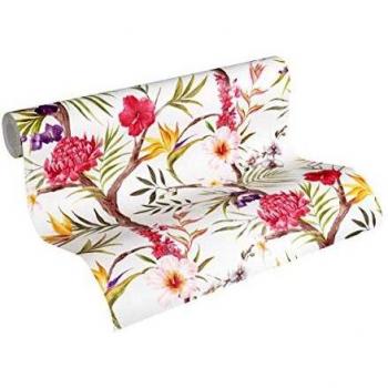 Papel pintado tropical multicolor con flores rosas, verdes y amarillas - 53 cm x 10,05 m - a.s. création