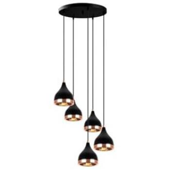 Lámpara colgante Yildo 7005 de metal negro y cobre, altura ajustable, 5 luces redondas, diámetro 43 cm