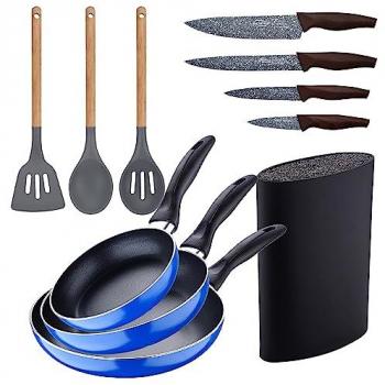 Set de Sartenes de Aluminio Prensado San Ignacio 3 piezas (16+20+24 cm) con Inducción Azul Navy Paradise y Utensilios de Cocina en Silicona Madera + Set de Cuchillos