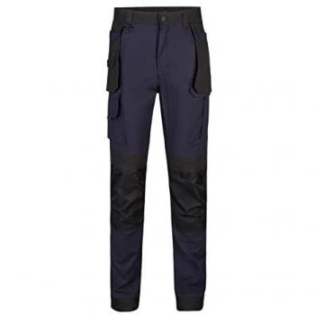 Pantalón de Trabajo Multibolsillos Velilla 103019S Canvas Stretch Elástico con Refuerzos en Rodillas y Culera, Color Azul Navy y Negro, Talla XXL
