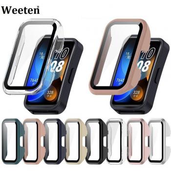 Funda de vidrio templado y estuche para reloj Huawei Band 6/7/8/9 NFC - Protector de pantalla Honor Band 6/7 - Funda parachoques azul marino