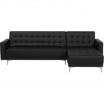 Sofá Esquinero Modular Lateral Izquierdo en Piel Sintética Negra con Cama, 4 Plazas y Diseño Moderno