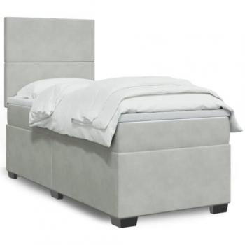 Cama box spring con colchón de muelles y terciopelo gris claro 90x190 cm