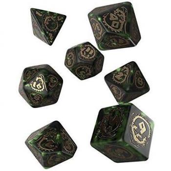 QW DADOS SET DRAGONES VERDE & ORO (7) - Juego de dados poliédricos de 7 piezas en color verde y oro, diseñado para juegos de rol