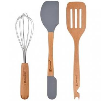 Juego de Utensilios de Cocina Bergner GENIUS - 3 Piezas en Silicona y Madera de Haya - Antiadherente, Antiarañazos, Resistentes al Calor, Sin BPA